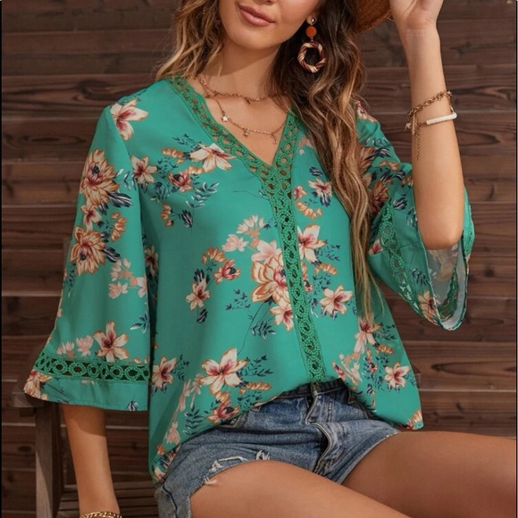 Boho Floral Sheer Mesh Lace Insert Top Blouse Green - Picture 10 of 10
